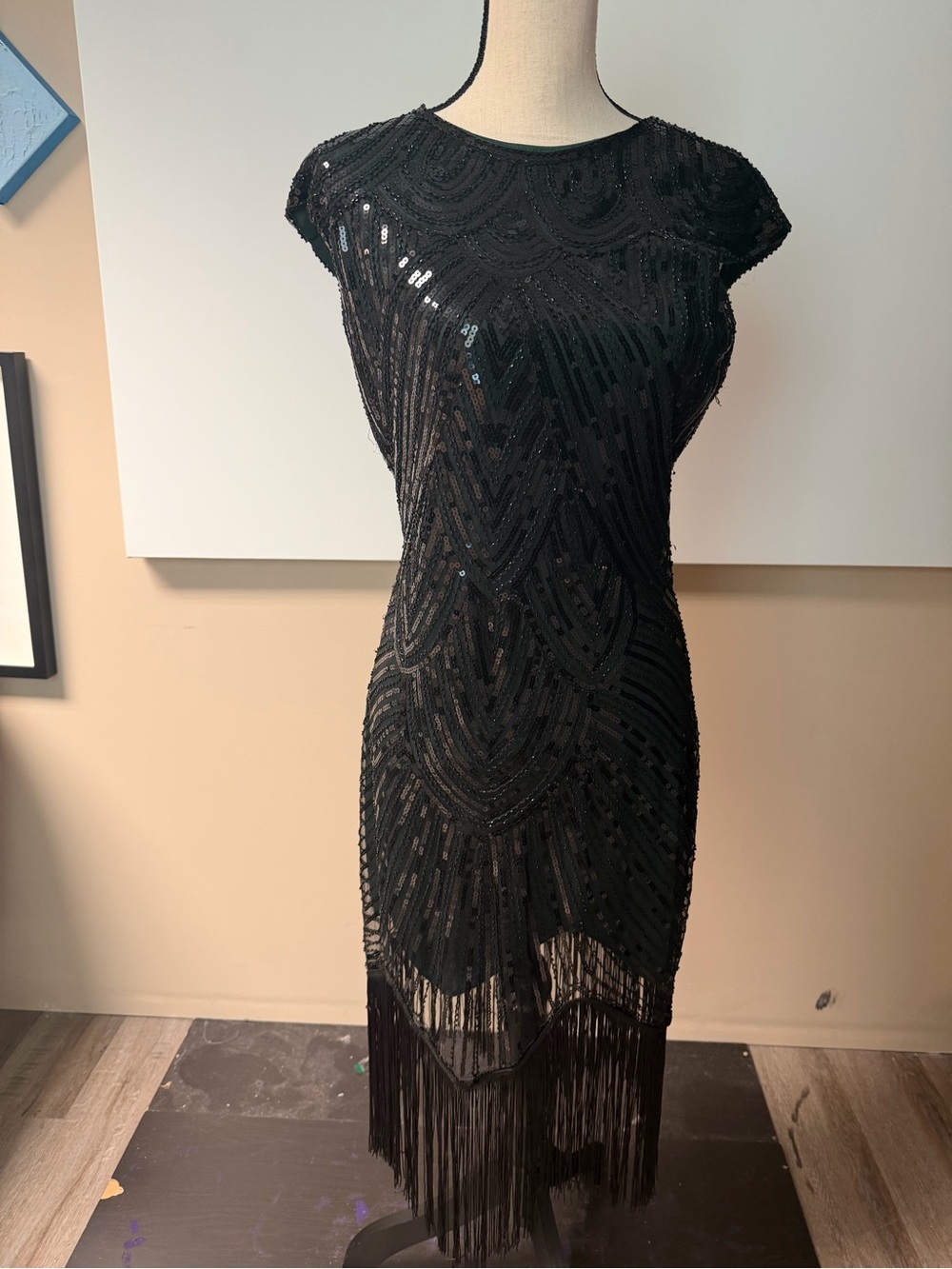 Sequin flapper dress iridescent black + green